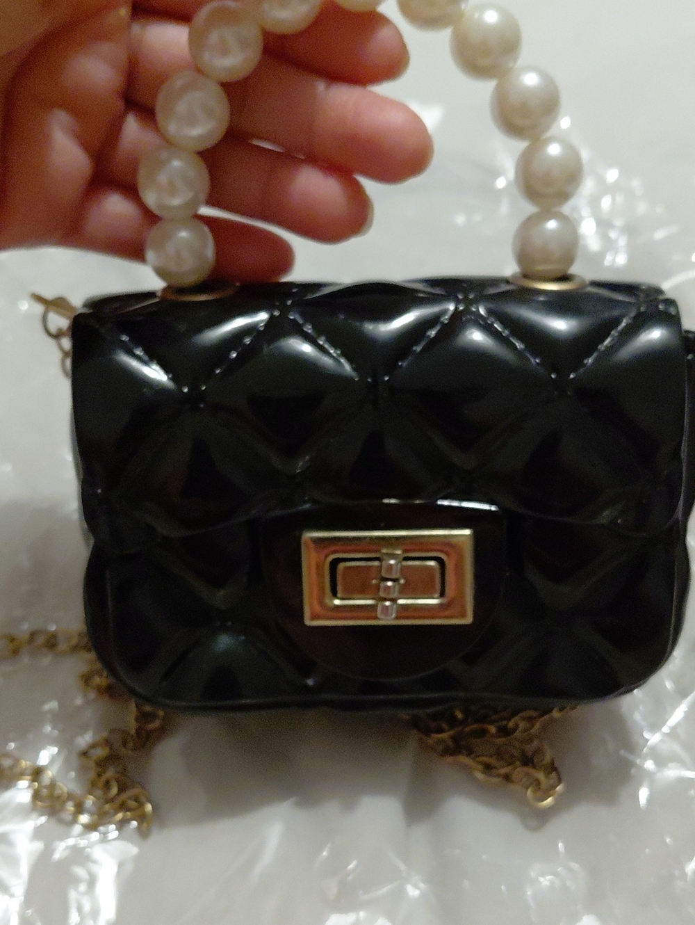 Black Quilted Mini Bag with Pearl Handle and Gold Hardware